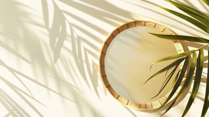 Aufkleber - Trendy Summer layout made with bamboo round card on white background Exotic shadow concept with copy space Tropical palm leaf shadow on flat bamboo blank : Generative AI