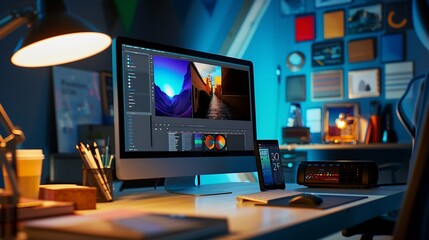 Wall Mural - web design studio with promo page on computer display and copy space beside : generative ai