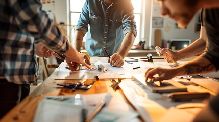 Fototapete - A team of web designers are working together to develop a mobile responsive website with UIUX front end design concepts A team of UxUi developers are working together at a wooden workb : Generative AI