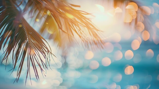 Abstract seascape with palm tree tropical beach background blur bokeh light of calm sea and sky summer vacation background concept : Generative AI