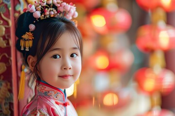 Sticker - Young girl dressed in a colorful qipao smiles softly with glowing lanterns in the background