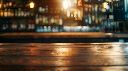 Poster - Empty wooden bar counter with defocused background and bottles of restaurant bar or cafeteria background for your product display : Generative AI