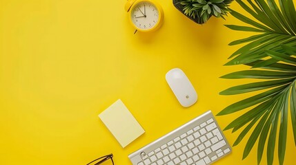 Aufkleber - Office desk workspace on bright color yellow background Office table Work space layout with computer keyboard plant mouse notepad notes and copy space Top view office table with palm p : Generative AI