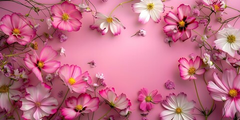 Wall Mural - Elegant flat lay composition featuring pink and white flowers on a pink background. Concept Flat Lay Photography, Floral Arrangement, Pink and White Flowers, Elegant Composition, Pink Background