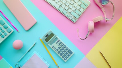 Poster - Office table desk with copy space calculator pencil paper ball earphone keyboard and office accessories on colorful background business and office supplies flat lay concept : Generative AI