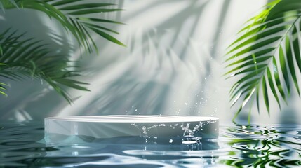 Poster - Round empty podium and tropical leaves in water with waves splashes for presentation of natural cosmetics : Generative AI