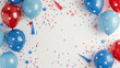 festive 4th of july flat lay with balloons and confetti in american flag colors