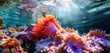  vibrant underwater seascape with colorful anemones illuminated by sunbeams