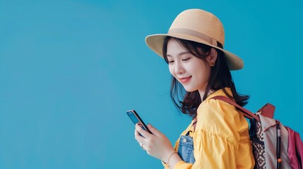 Asian pretty woman tourist preparing for travel and using smartphone isolated on blue banner backgroundConcept of people using technology of travel : Generative AI