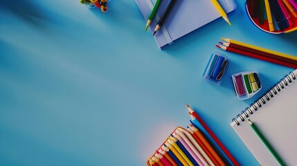 Fototapete - School stationery color pencils paints notepad on blue table Back to school background Kids desk top view : Generative AI