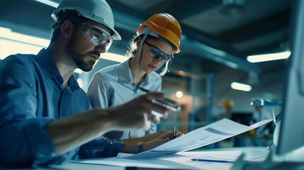 Aufkleber - Engineers discuss a blueprint while checking information on a tablet computer in a office : Generative AI