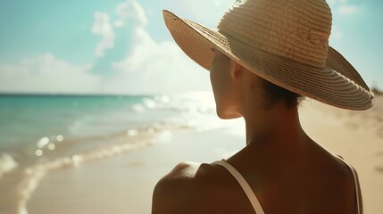 Woman on a tropical beach with hat : Generative AI