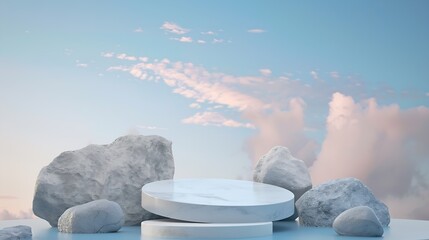 Poster - Natural podium backdrop for product display with sky background Blank showcase mockup with natural environment 3d studio Cosmetics or beauty product promotion mockup Nature pedestal wi : Generative AI