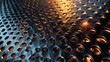 The image is of a close-up of a metal surface with many small holes. The surface is lit from below, creating a warm glow.