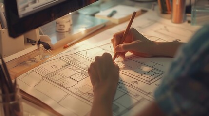 Fototapete - Interior designer working on color hand drawings of interior at work place Photo of young designers work concept : Generative AI
