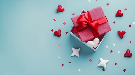 Wall Mural - Top view photo of valentines day decorations open empty giftbox with red lid and star bow on isolated pastel blue background with copyspace : Generative AI