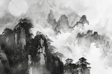 Traditional asian ink wash painting depicting serene mountains shrouded in mist with moon