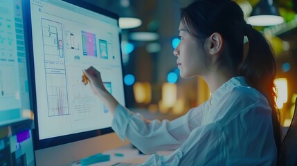 Fototapete - Woman designer create website design wireframe Sketch prototype framework layout future design project UI and UX  user interface user experience designer Creative concept for web desig : Generative AI