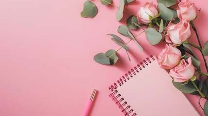 Wall Mural - Office desk with notebook rose flowers eucalyptus branch pink paper blank Flat lay top view copy space : Generative AI