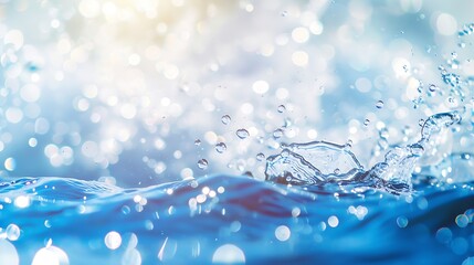 Poster - Defocused blurred transparent blue colored clear calm water surface texture with splashes and bubbles Trendy abstract nature background Water waves in sunlight with copy space : Generative AI