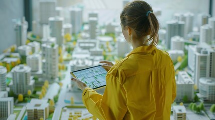 Aufkleber - architect is working Architect woman holding tablet Girl planner near layout of city Girl engineer in yellow uniform Professional engineer with his back to camera Volumetric city map : Generative AI