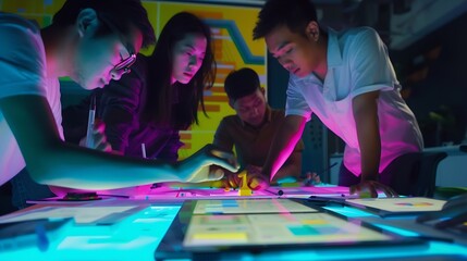 Aufkleber - Brainstorm team of creative Web Graphic Designer planning Group of asian mobile phone app developer team meeting for share ideas about screen prototype layout for smartphone ui ux star : Generative AI