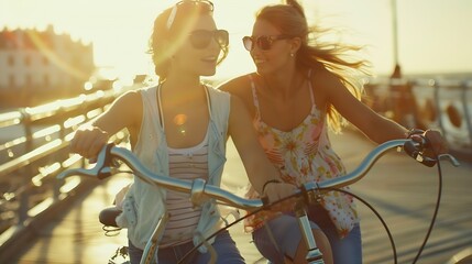 Two stylish young female friends on a bicycle along seaside Best friends enjoying a day on bike : Generative AI