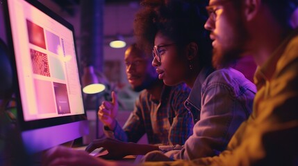 Fototapete - diverse team of professionals engaged in a website graphic design board meeting sharing opinions on UX and UI design elements Asian man African American people black afro caucasian fem : Generative AI