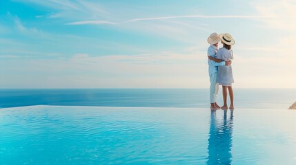 A loving couple with hats hugging at the edge of an infinity pool and enjoying the view to the blue mediterranean sea during summer vacation time : Generative AI