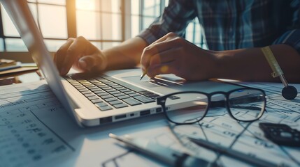 Aufkleber - Engineering working with drawings inspection on laptop  in the office and Calculator triangle ruler safety glasses compass on Blueprint Engineer Architect Industry and factory concept : Generative AI