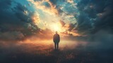Fototapeta  - Silhouette of alone person looking at heaven. Lonely man standing in fantasy landscape with shining cloudy sky. Meditation and spiritual life hyper realistic 