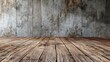 The image shows a rustic wooden floor with a wood grain texture and a concrete wall background with a rough texture