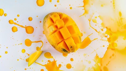 Wall Mural - Creative layout made of mango with watercolor spots on the white background Flat lay Food concept : Generative AI