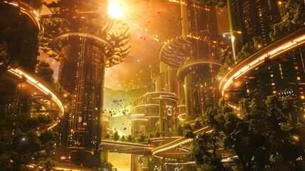 Wall Mural - Futuristic Venus City A Vibrant Daytime Metropolis of Curved Golden Splendor and Lush Hanging Gardens Under a Clear Crimson Stellar Sky Generative ai