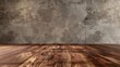 The image shows a rustic wooden table with a concrete wall in the background,old room with wooden floor