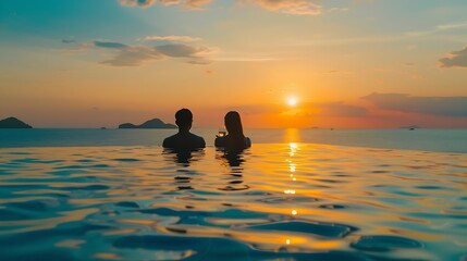 Wall Mural - couple watching the sunset in an infinity pool on a luxury vacation in Thailand man and woman watching the sunset on the edge of a pool in Thailand on vacation : Generative AI