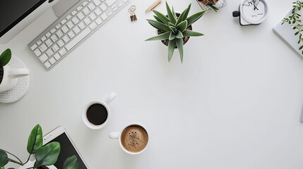 Leinwandbilder - White hipster office desk table with computer supplies smartphone cup of coffee and office things Top view with copy space flat lay : Generative AI