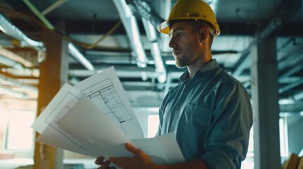 Aufkleber - Portrait of an architect builder studying layout plan of the rooms serious civil engineer working with documents on construction site building and home renovation professional foreman  : Generative AI
