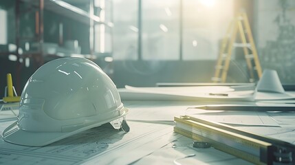 Aufkleber - Architectural designed building blueprint layout and engineer tool for designing blueprint with contractor project document on engineer workspace table in office with safety helmet or  : Generative AI