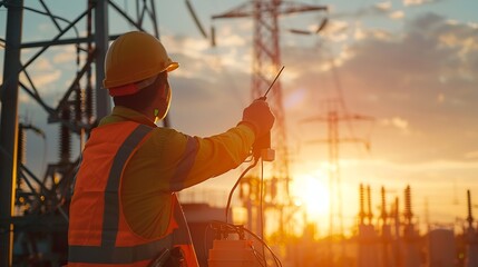 Wall Mural - An electrician at a high voltage power plant works with a project at sunset in the sky electrical energy design industry concept modern business technology an engineer in the glare of  : Generative AI