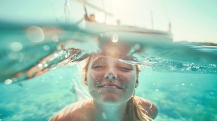 Wall Mural - Happy friends diving from sailing boat into the sea  Travel and summer vacation concept  Soft focus on blond girl face : Generative AI