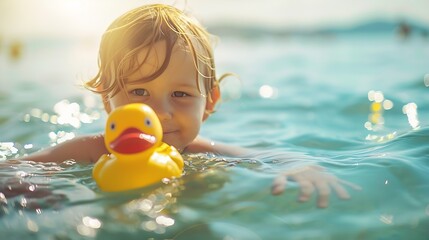 Wall Mural - Happy child having fun on summer vacation Kid playing with rubber duck and ball in the sea Healthy lifestyle concept Spring break : Generative AI