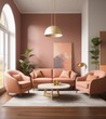 © MrMachyH - Modern interior design of living room with sofa, armchairs and coffee table in peach color. minimalistic scandinavian style