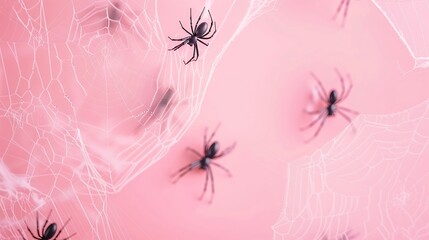 white spider web with black spiders on pastel pink background minimal pink halooween concept : gener