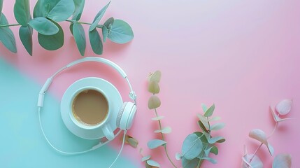 Leinwandbilder - Blogger Pastel Background With Coffee Cup Headphones and botanical elements Flat Lay : Generative AI