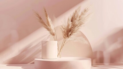 Poster - Podium for cosmetic product presentation Abstract minimal geometrical form Cylinder podium with dry pampas grass soft shadow Scene to show products Showcase display case Flat lay top v : Generative AI