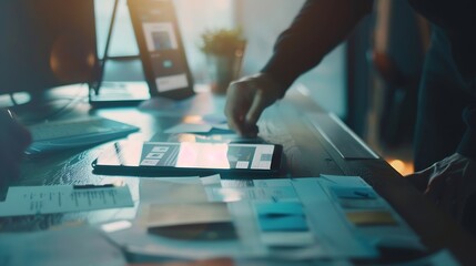 Leinwandbilder - Brainstorm mobile app interface layout design ideas on graphic designer tableux graphic designer creative sketch planning Mobile web prototype development process vertical image : Generative AI