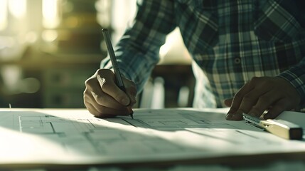Aufkleber - Architect or engineer working on building blueprint contractor designing and drawing blueprint layout with tool for construction project Civil engineer and architecture design concept  : Generative AI