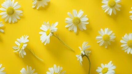 Wall Mural - Flowers composition Chamomile flowers on yellow background Spring summer concept Flat lay top view copy space : Generative AI