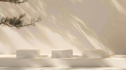 Aufkleber - Abstract minimal nature scene  empty stage with three white rectangle podiums on beige background and shadows of pine tree Pedestal for cosmetic product and packaging mockups display p : Generative AI